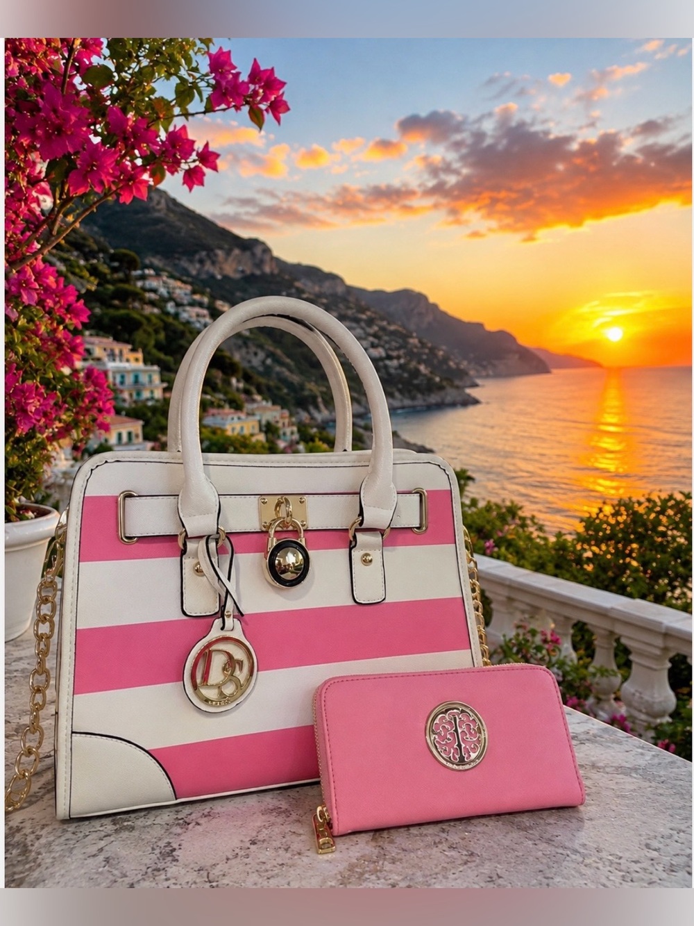Pink & White Striped Satchel with Pink Wallet by